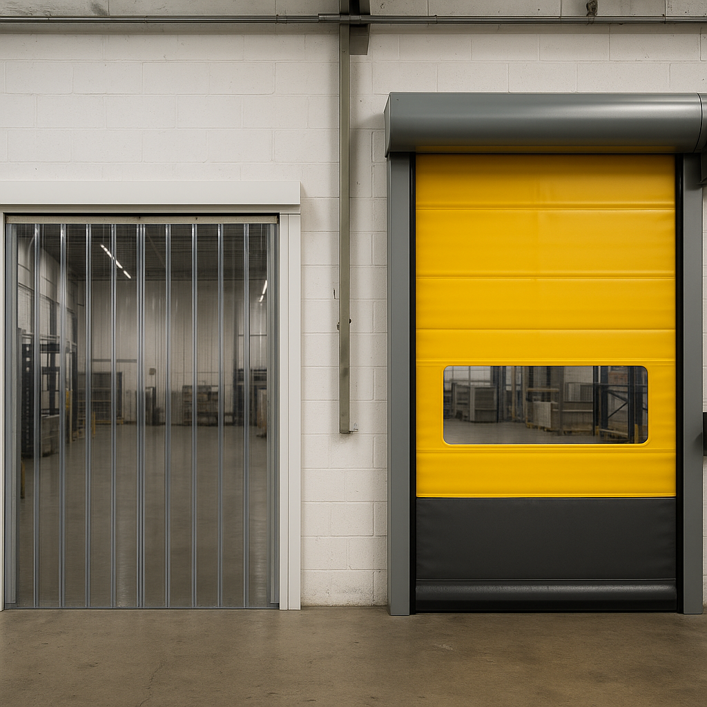 A side-by-side comparison of a magnetic strip curtain and a high-speed roll-up door in an industrial setting.